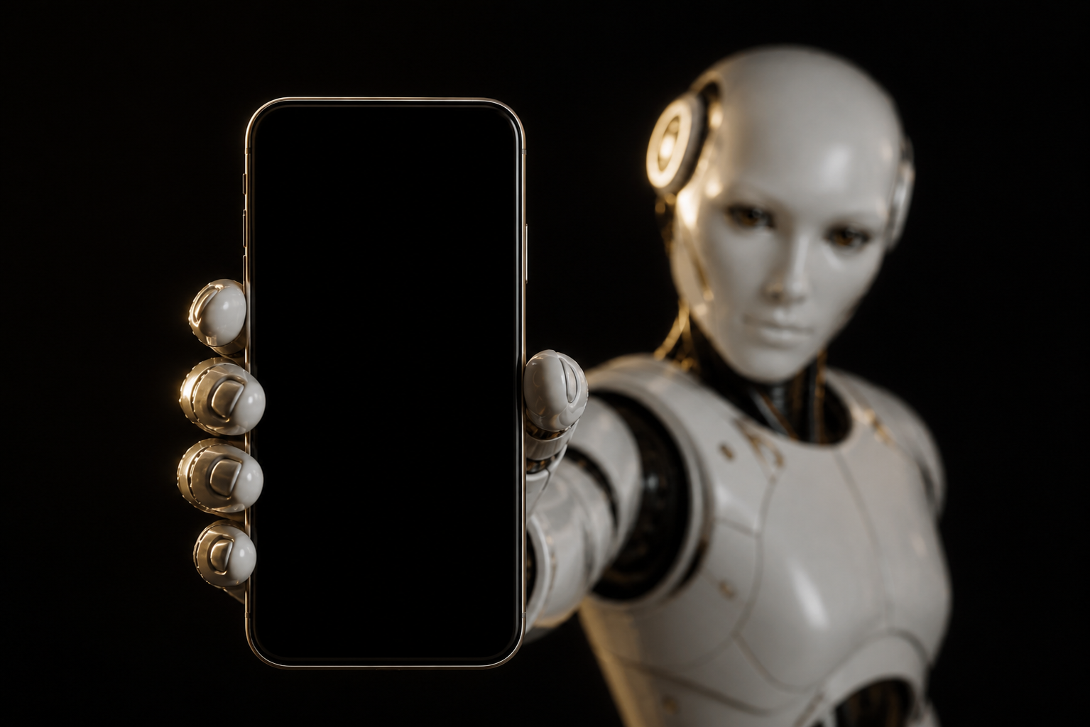 Celular em primeiro plano com sistema de automação da Hakelly e humanoide branco ao fundo